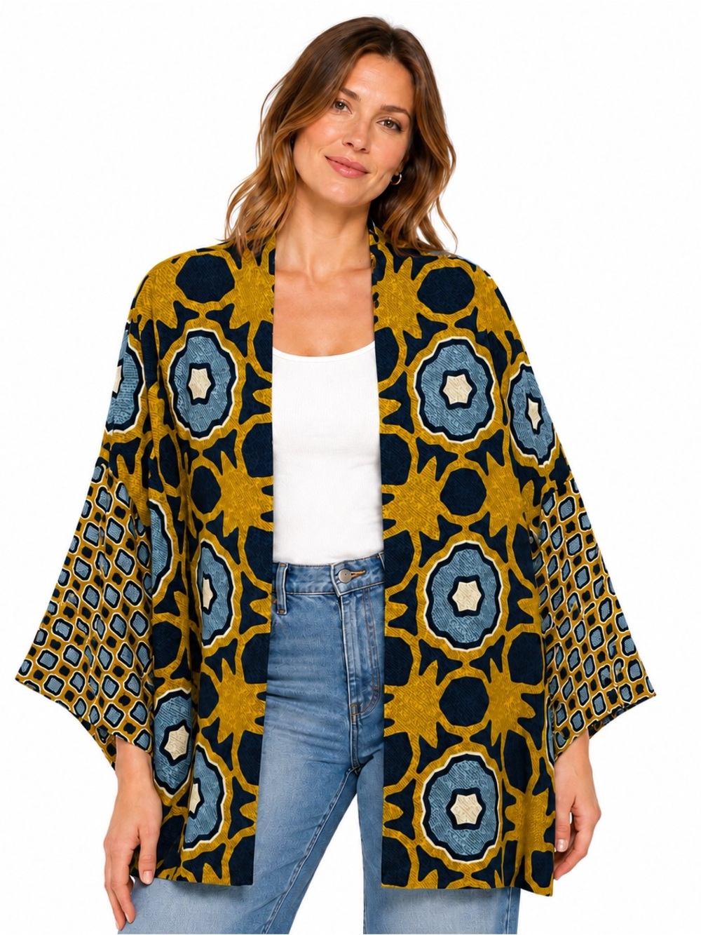 Chico’s Geo Print Short Kimono Open Front L/XL Boho Artsy